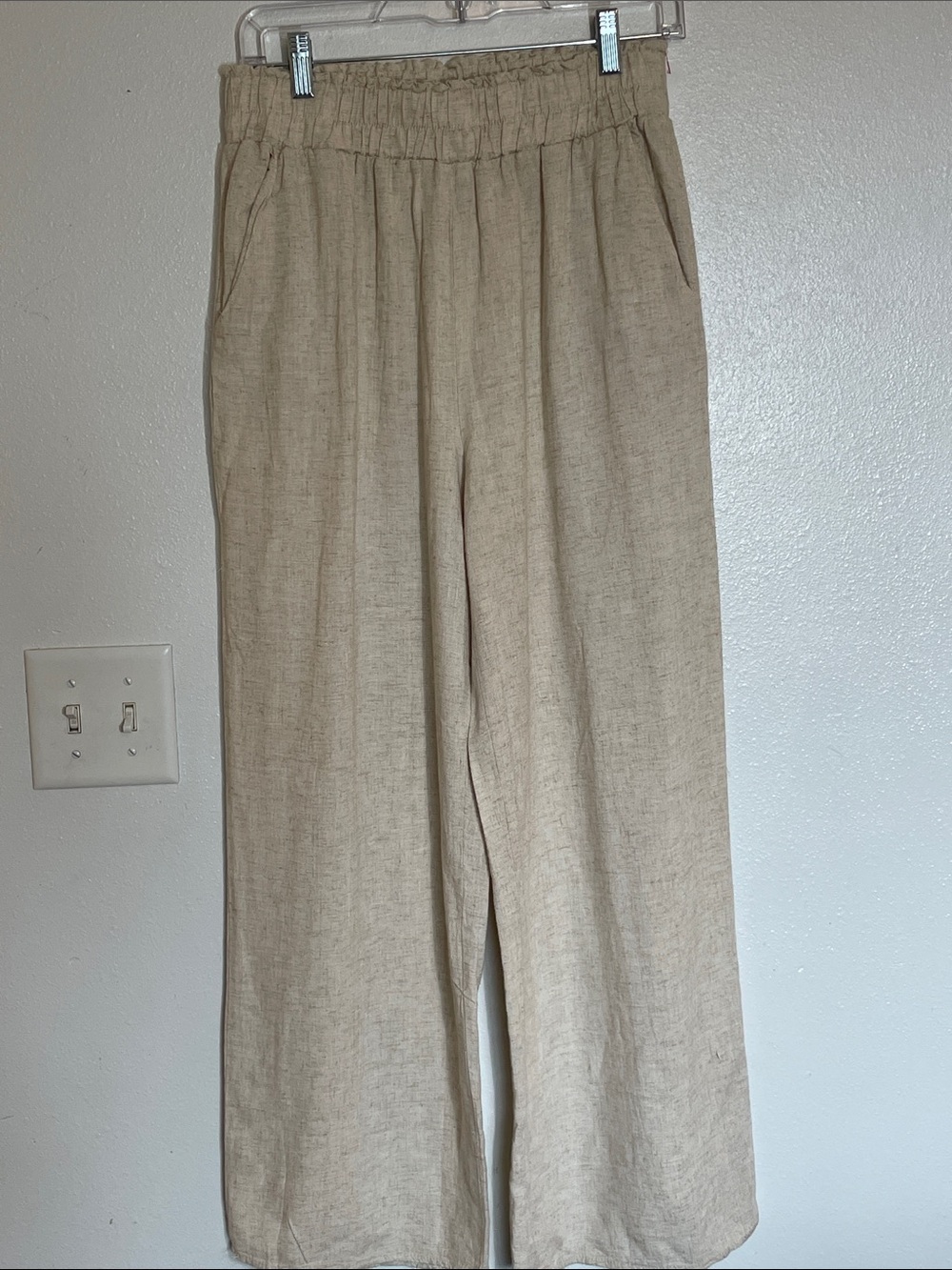 Elastic-Waist Beige Wide-Leg Trousers
